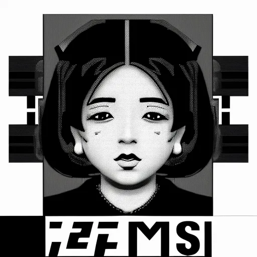 low quality picture - a black and white photo of a woman with a headband on her head and the words zef ms on the front, by Terada Katsuya