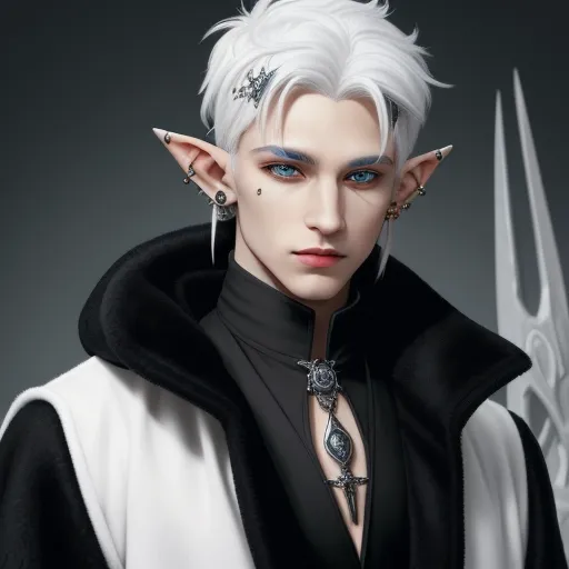 translate image online - a male elf with white hair and blue eyes wearing a black outfit and a pair of scissors in his hand, by Lois van Baarle