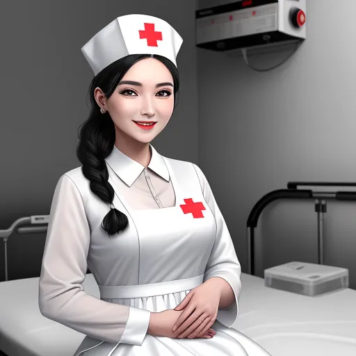 a woman in a nurse outfit standing in a hospital room with a machine in the background and a red cross on her chest, by Chen Daofu