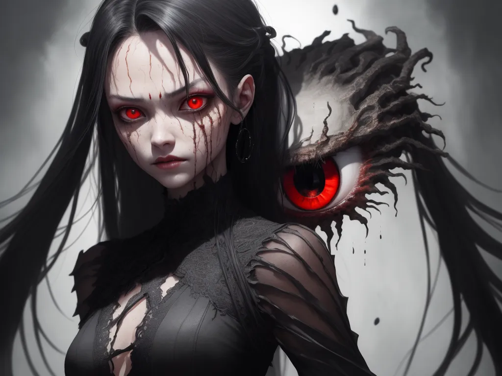 a woman with red eyes and a creepy face with a demon like head and long hair, with a demon like face and red eyes, by Daniela Uhlig