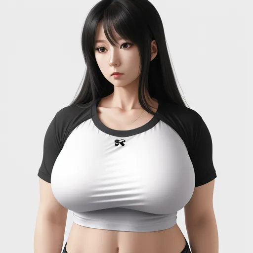 a woman with a black and white top and a black and white brach and a black and white bra, by Terada Katsuya