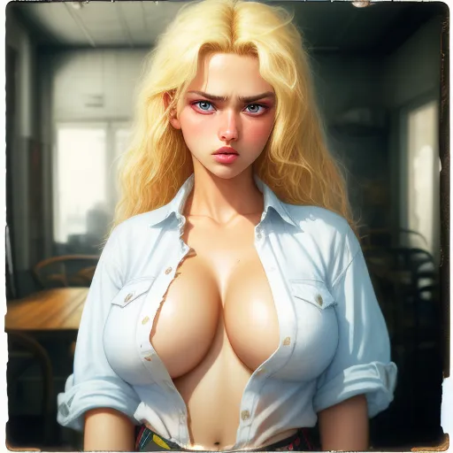 a very big breasted blonde woman posing for a picture in a room with a table and chairs in the background, by Daniela Uhlig