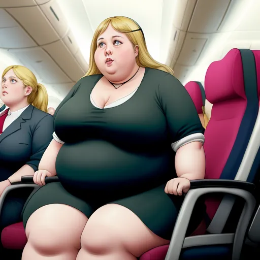 a fat woman sitting on a plane with another woman standing behind her on the seat in the background,, by Hanna-Barbera