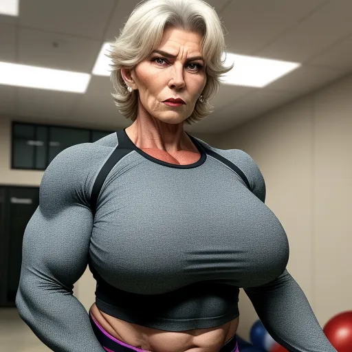 a woman with a big breast and a gray top is posing for a picture in a gym room with balloons, by Billie Waters