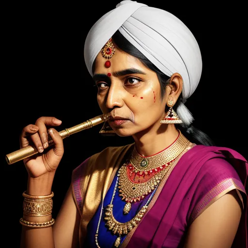 ai text image generator - a woman in a turban is holding a flute in her hand and looking at the camera with a serious look on her face, by Raja Ravi Varma