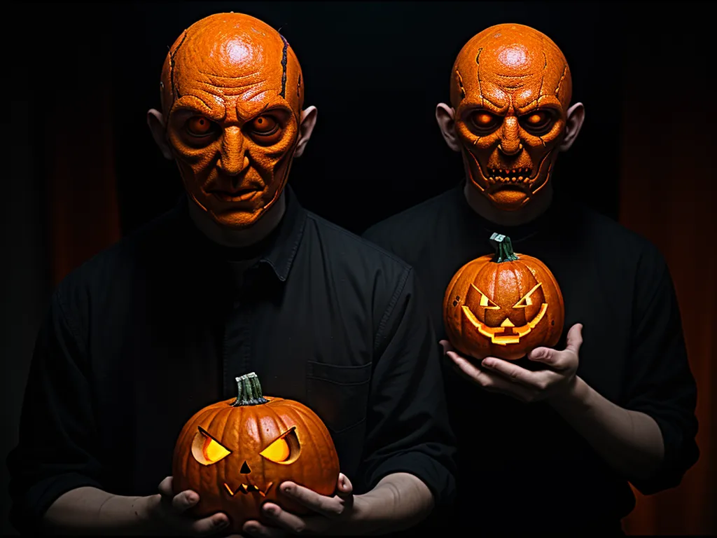 two men in black shirts holding pumpkins with faces carved into them, both of them have glowing eyes, by Anton Semenov