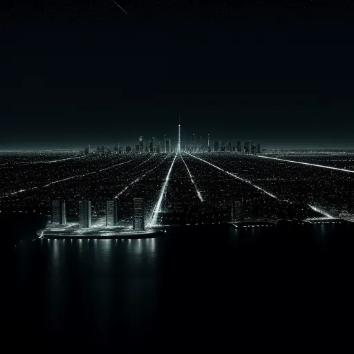 a city skyline with a lot of lights in the dark sky and water in the foreground and a plane flying overhead, by Bjarke Ingels