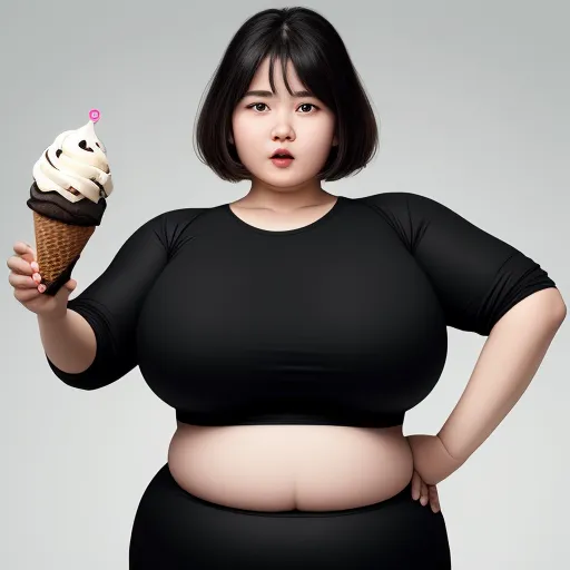 a fat woman holding an ice cream cone in her hand and looking at the camera with a surprised look on her face, by Terada Katsuya