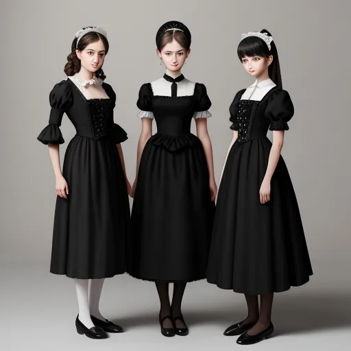 three women in black dresses standing next to each other in front of a gray background with a white collar, by Terada Katsuya