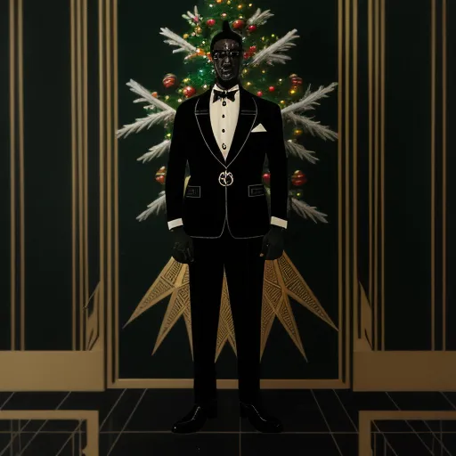 a man in a tuxedo standing in front of a christmas tree in a room with a door, by Barkley L. Hendricks