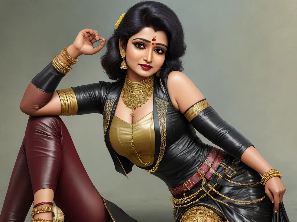 a woman in a black and gold outfit posing for a picture with her hand on her head and her leg up, by Raja Ravi Varma