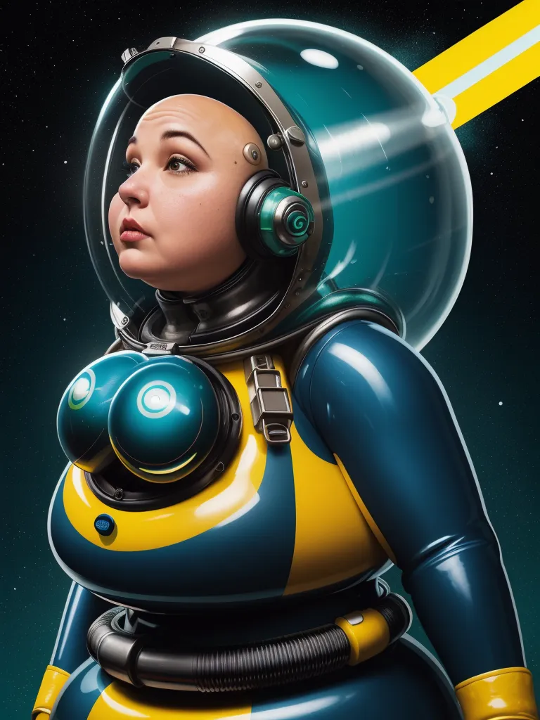 convert to 4k photo - a woman in a space suit with a yellow and blue helmet on her head and a yellow and blue object in her hand, by Daniela Uhlig