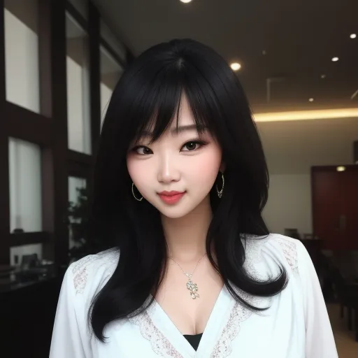 nsfw ai image generator - a woman with long black hair and a white shirt is posing for a picture in a room with large windows, by Chen Daofu