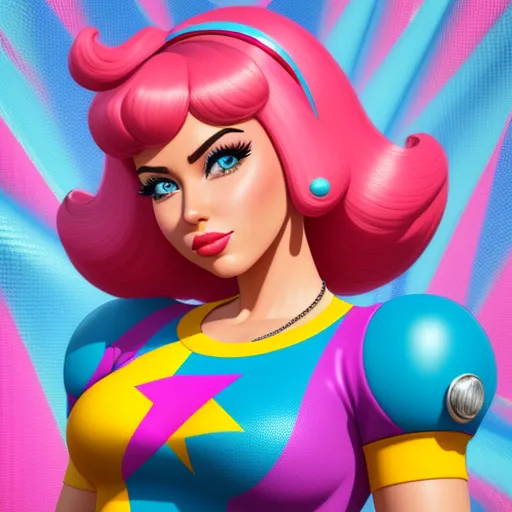 a cartoon character with pink hair and blue eyes, wearing a colorful outfit and a star on her chest, by Hanna-Barbera