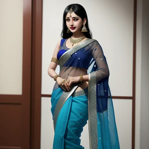 a woman in a blue sari with a sheer top and a sheer skirt on her shoulders and a gold necklace on her neck, by Sailor Moon