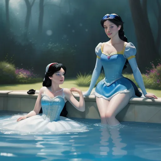 a painting of a woman in a blue dress sitting next to a woman in a white dress in a pool, by Hanna-Barbera