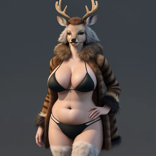 a woman in a bikini with a deer costume on her head and a fur coat on her shoulders, standing in a pose, by Terada Katsuya