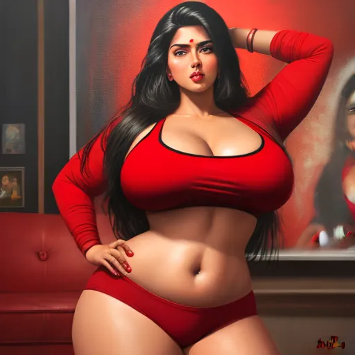 a woman in a red bikini posing for a picture in a red room with a painting behind her and a red couch, by Botero