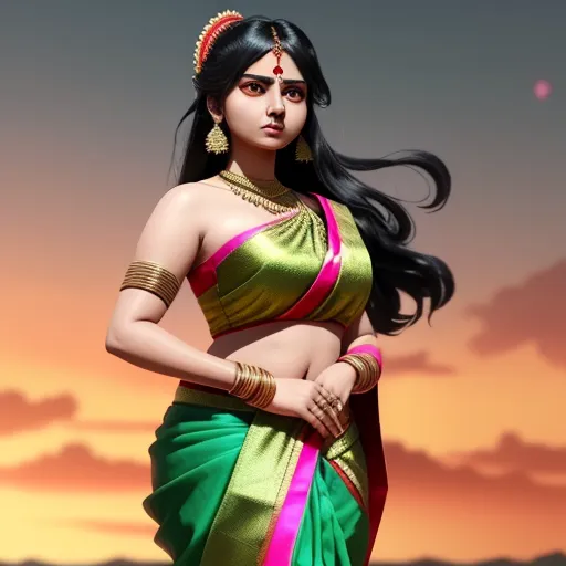 ai website that creates images - a woman in a green and pink sari with a pink and yellow border on her chest and a pink and green sari on her chest, by Raja Ravi Varma