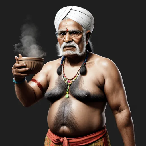 a man with a white turban and a bowl of smoke in his hand and a cup in his other hand, by Adam Martinakis
