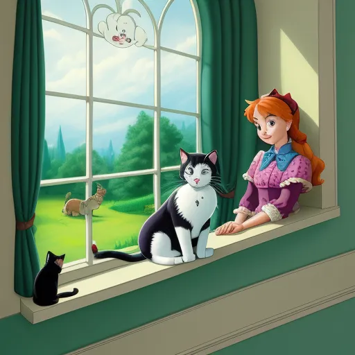image resolution enhancer - a girl sitting on a window sill with a cat and a cat sitting on the window sill, by Hanna-Barbera