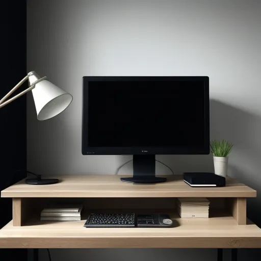 a computer monitor sitting on top of a wooden desk next to a keyboard and mouse on a desk next to a lamp, by Henriett Seth F.