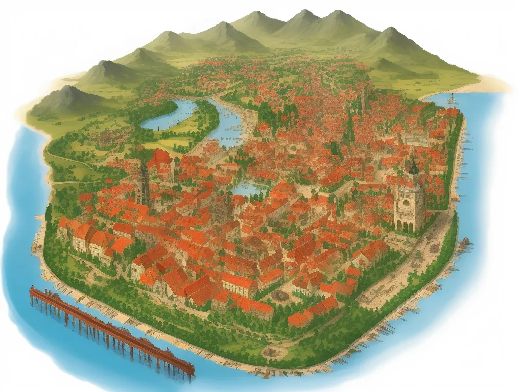 image increase resolution - a large city with a river running through it and mountains in the background, and a bridge crossing over it, by Augustin Meinrad Bächtiger