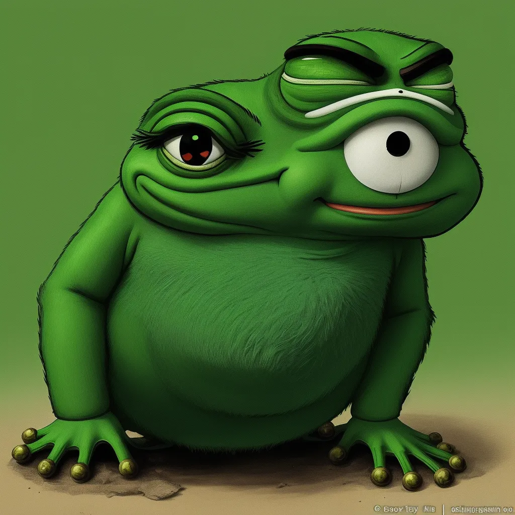 increase resolution of image - a green frog with big eyes and a sad look on its face, sitting on the ground, with a green background, by Hirohiko Araki