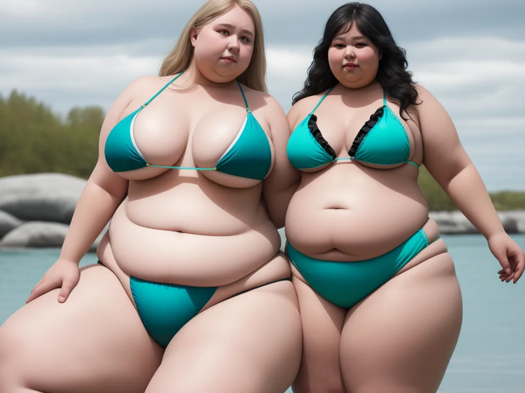 photo converter - two women in bikinis standing next to each other in the water, one of them is fat and the other is fat, by Terada Katsuya