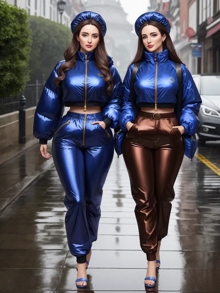 4k quality converter - two women in shiny blue and brown outfits walking down a street in the rain, one of them is wearing a blue jacket and the other is wearing a brown pants, by Hendrik van Steenwijk I