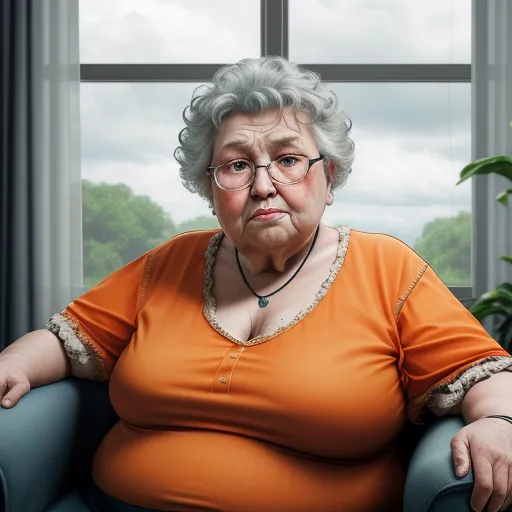 1080p to 4k converter picture - a woman sitting in a chair with a big belly and glasses on her face, looking at the camera, by Adam Martinakis
