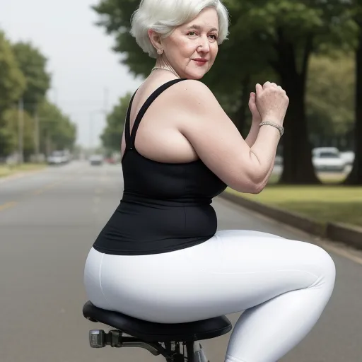 convert photo to high resolution - a woman in a black top and white pants riding a bike down a street with trees in the background, by Billie Waters