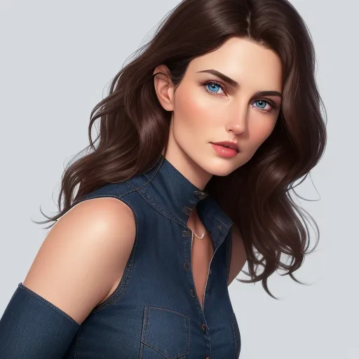 text-to-image ai free - a woman with long hair wearing a denim shirt and a necklace on her neck and shoulder, with a blue eyeshadow, by Daniela Uhlig