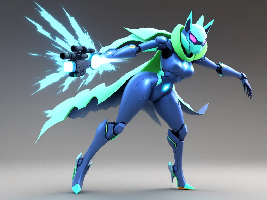 high quality photos online - a cartoon character with a gun and a light saber in her hand and a blue outfit with a green and white design, by Toei Animations