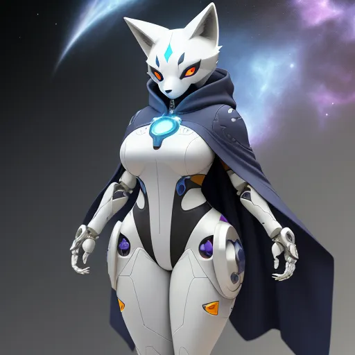 low quality photos - a cartoon character dressed in a futuristic suit with a cat like head and tail, standing in front of a space background, by Terada Katsuya