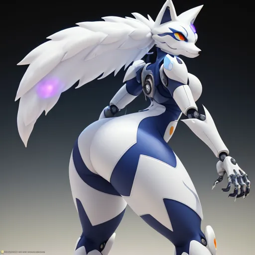 free text to image generator - a very cute looking anime character with big white wings on her body and a blue and white outfit on, by Terada Katsuya