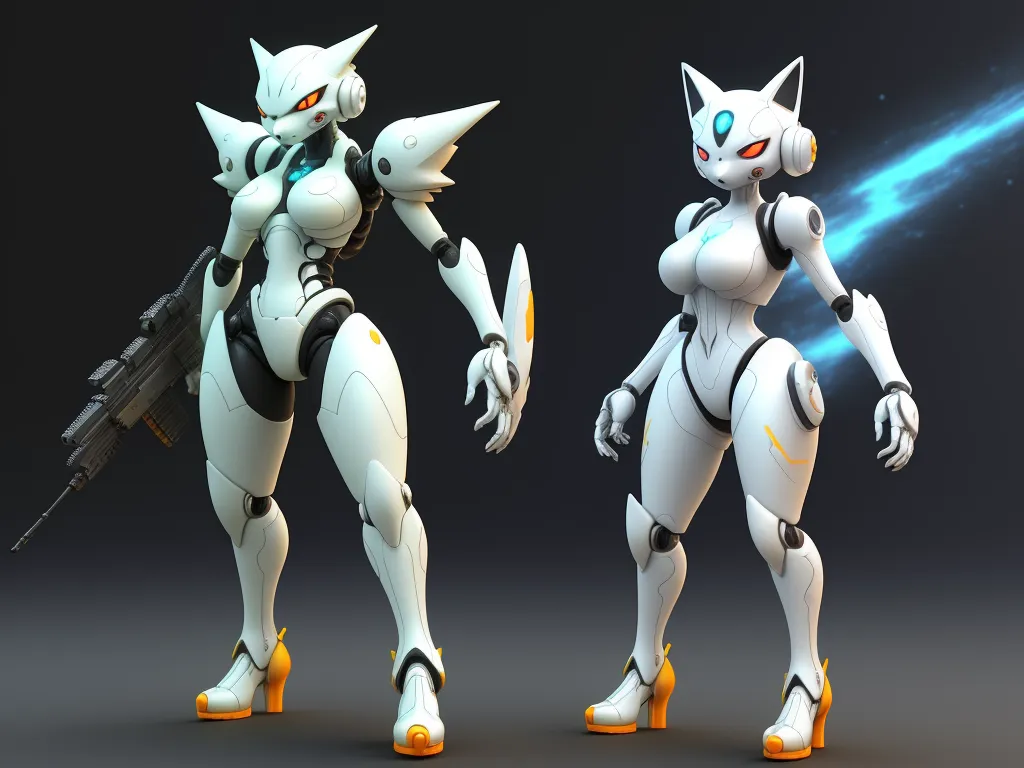 best ai image app - a couple of white cats standing next to each other on a black background with a gun in their hand, by Toei Animations