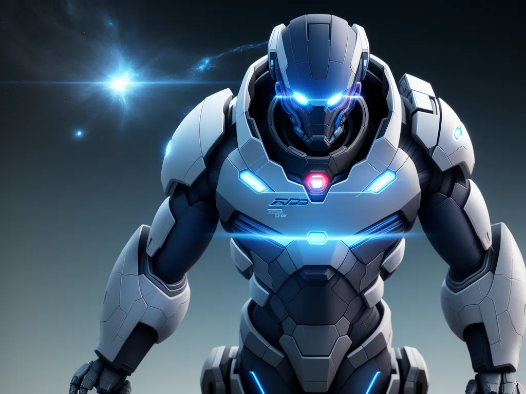 4k resolution converter picture - a futuristic robot with glowing eyes and a glowing helmet on his face, standing in front of a blue light, by Diego Velázquez