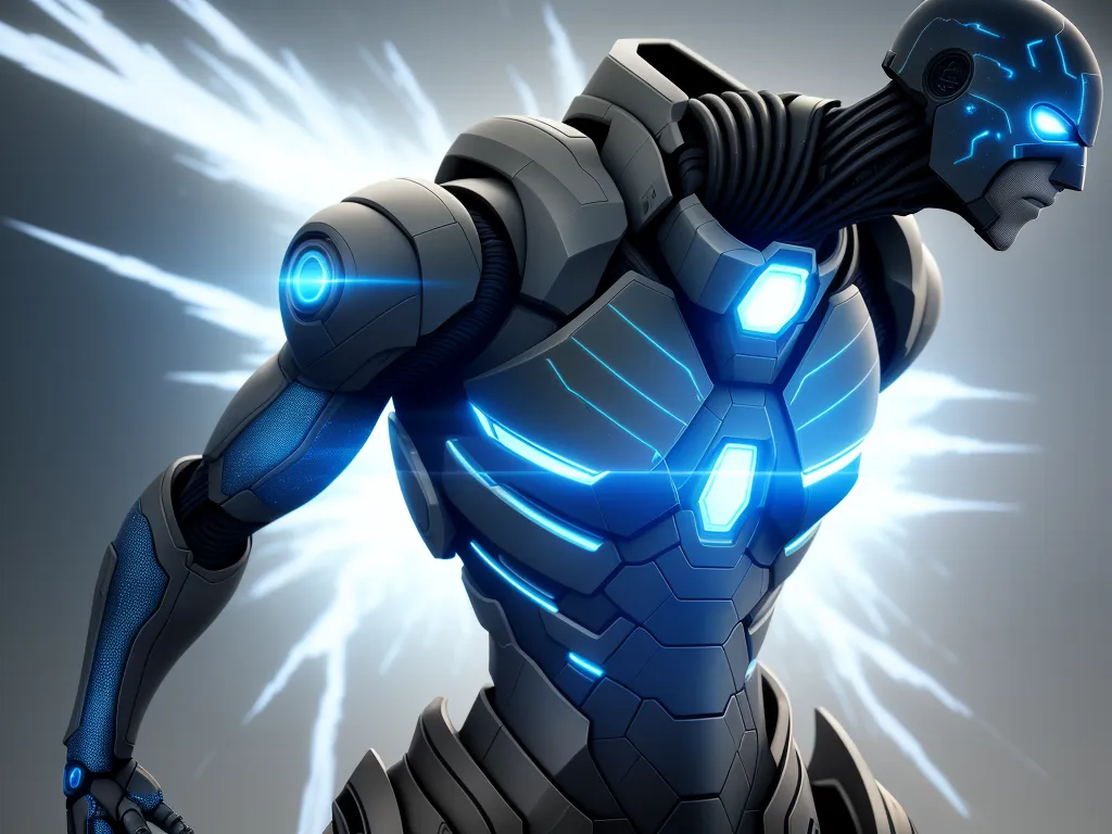 free hd online - a robot with glowing blue eyes and a black body with a blue light on his chest and arms, standing in front of a gray background, by Jeff Simpson