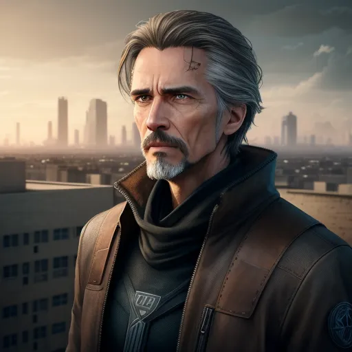 1080p to 4k converter picture - a man with a beard and a leather jacket on a rooftop in a city with tall buildings and a cloudy sky, by Lois van Baarle