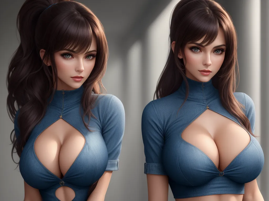 ai image from text - a woman with very large breast and a very sexy body is shown in a blue top and is posing for a picture, by Akira Toriyama