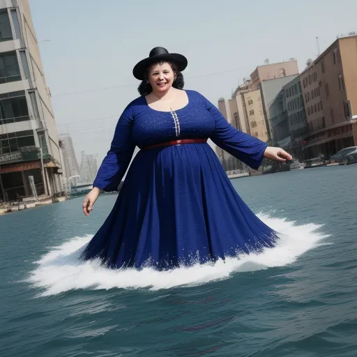 a woman in a blue dress and hat standing on a boat in the water in a city setting with buildings, by Billie Waters