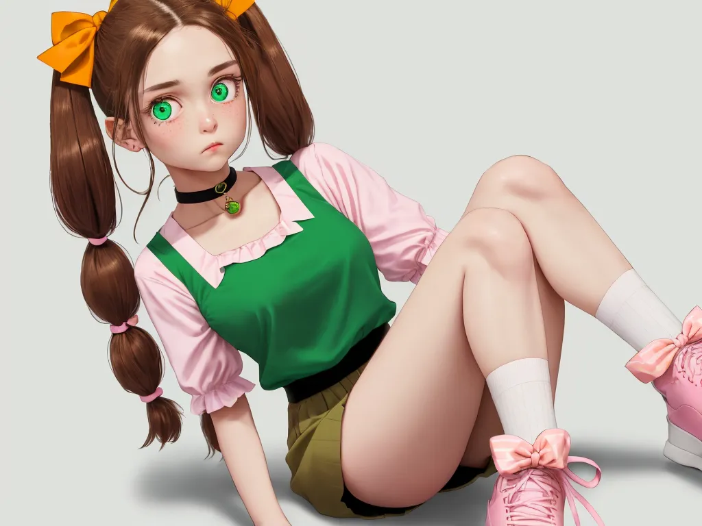 a girl with a ponytail and green eyes is sitting on the ground with her legs crossed and her legs crossed, by Hsiao-Ron Cheng