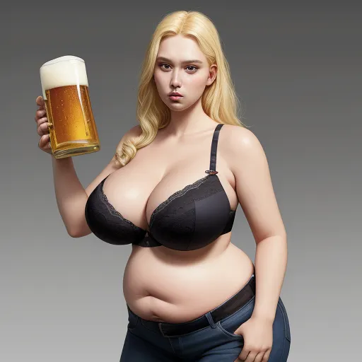 text to picture generator ai - a woman in a bra holding a beer mug in her hand and wearing a bra top with a bra, by Terada Katsuya