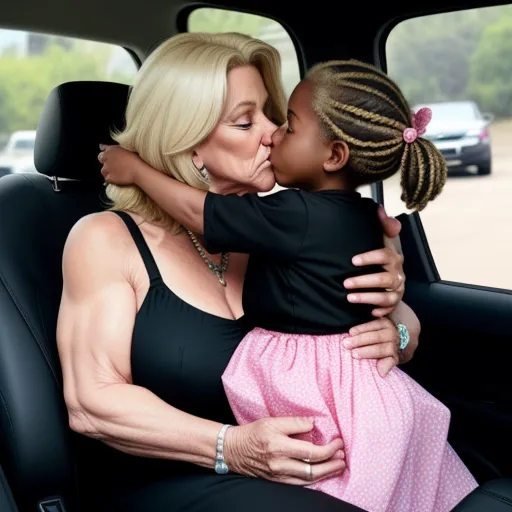 imagesize converter - a woman and a little girl kissing in a car seat together, with a car in the background and a car in the foreground, by Alec Soth