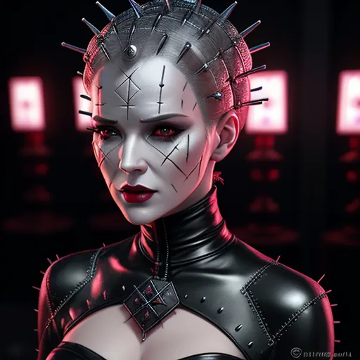 a woman with spiked hair and a black dress with a red light behind her is wearing a spiked headpiece, by Terada Katsuya