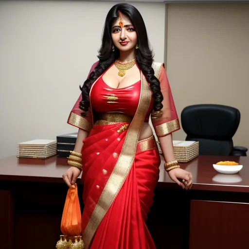 a woman in a red and gold sari poses for a picture in an office setting with a bowl of oranges, by Hendrik van Steenwijk I