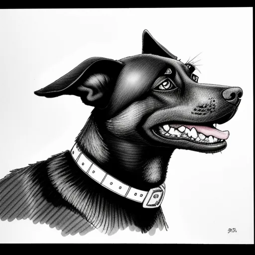 word to image generator - a black dog with a collar and collared collar is shown in a black frame with a white background, by Alison Kinnaird