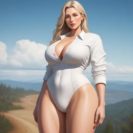 a woman in a white bodysuit posing for a picture in the woods with a mountain in the background, by Terada Katsuya