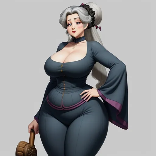 nsfw ai image generator - a woman in a blue dress with a hat and a cane is standing in front of a gray background, by Hirohiko Araki
